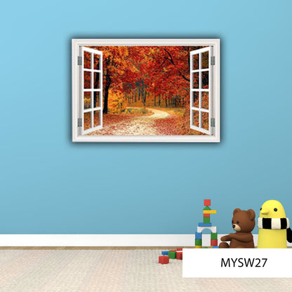 AUTUMN WALL DECAL, Tree Window Frame Sticker, Vinyl Wall Mural, Peaceful Room Decor, Removable Peel and Stick Art Decal, Fall Wall Decor