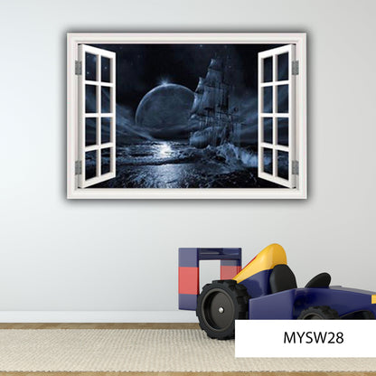 Ghost Ship Window Frame Wall Decal, Removable Vinyl Decal, Peel and Stick, Fantasy Art Decor for Bedroom, Living-Room, Kids or Any Room