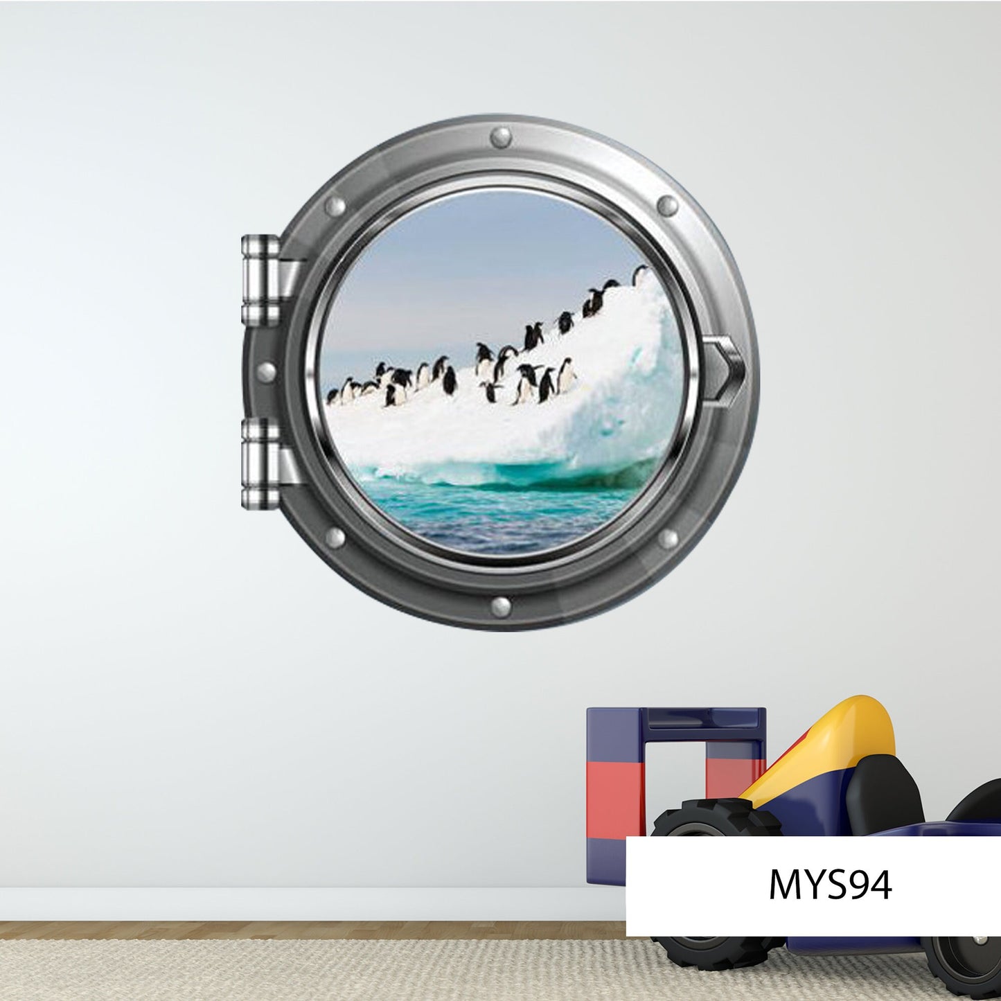 PENGUIN VINYL DECAL, Penguin Wall Décor, Arctic Ice Mural, Porthole Wall Decal, Wild Animal Sticker, Hole Penguin Decal