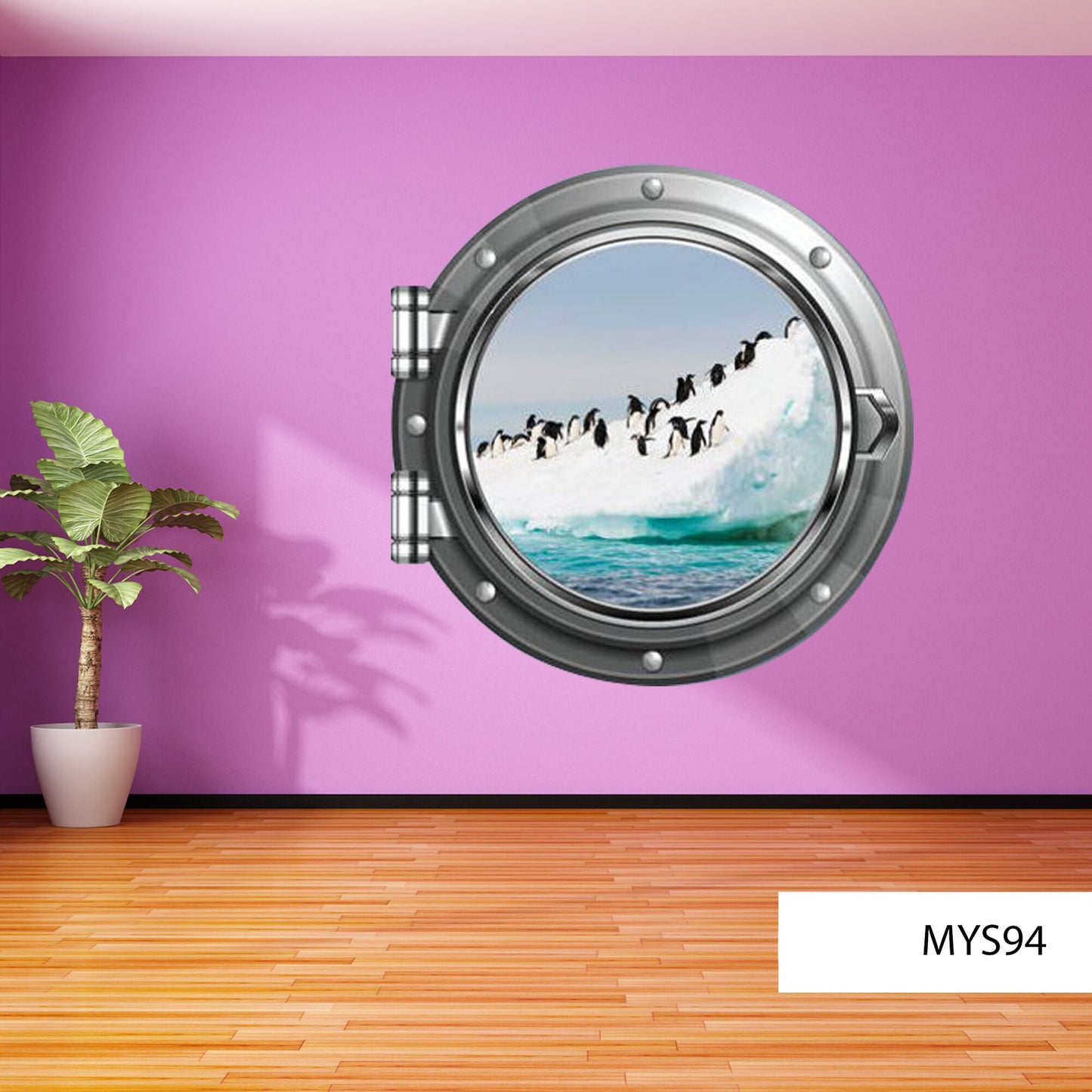 PENGUIN VINYL DECAL, Penguin Wall Décor, Arctic Ice Mural, Porthole Wall Decal, Wild Animal Sticker, Hole Penguin Decal