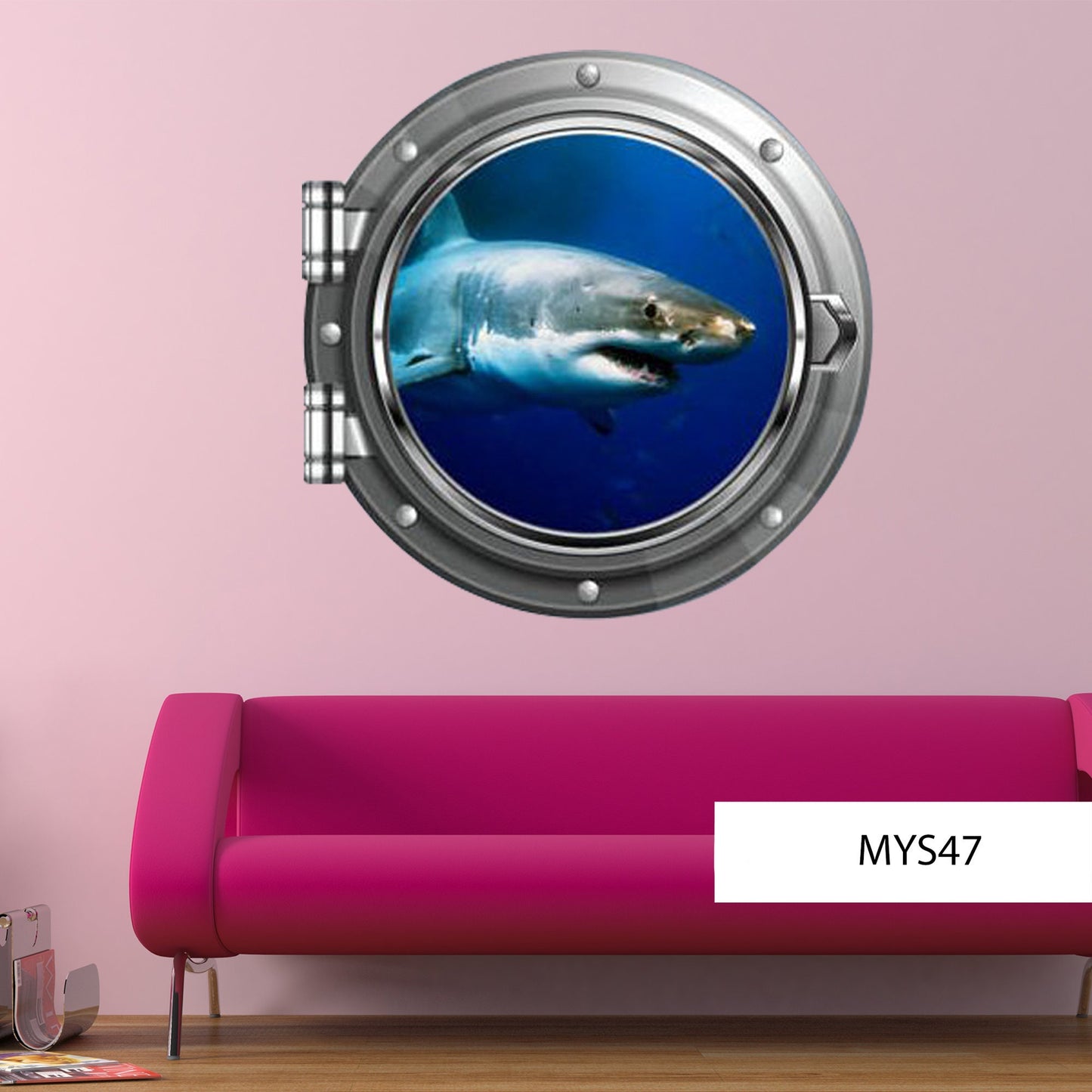 Large Great White Shark Wall Sticker, Ocean Mural Decal, Marine Decor, Deep Sea Shark Designs, Kids Room Wall Decal, Shark Porthole Art