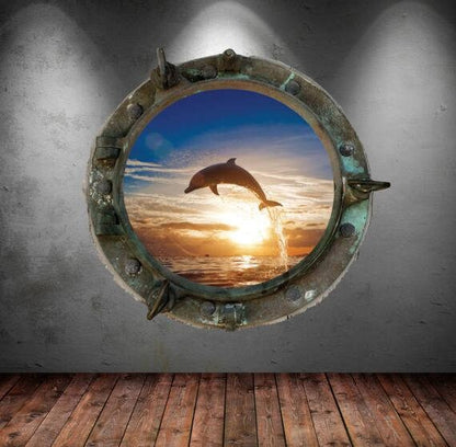 Jumping Dolphin Sunset Porthole Wall Decal, Ocean View 3D Window Sticker, Kids Room Decor, Peel and Stick Wall Art, Marine Mammal Mural