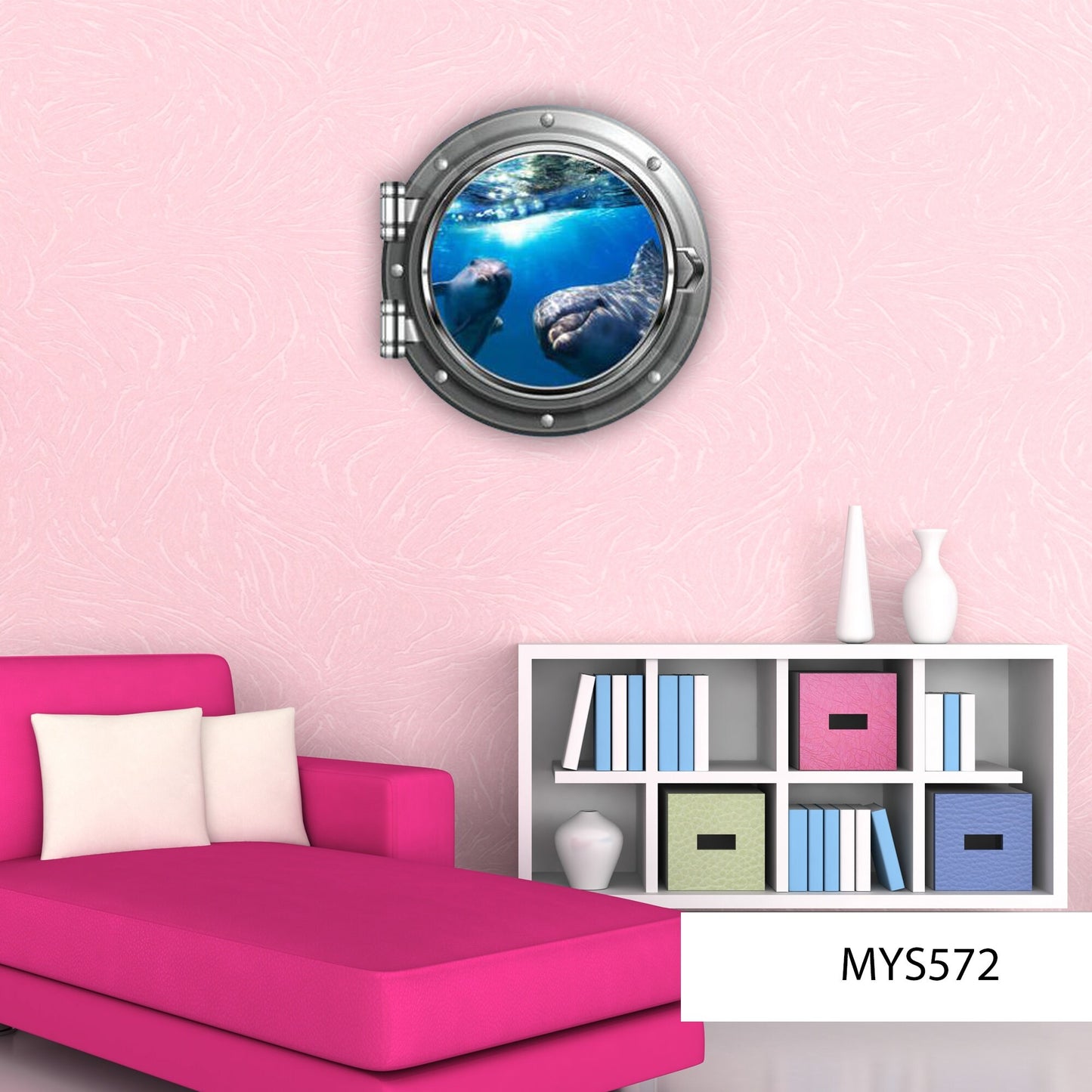 Dolphins Porthole Wall Decal, Marine Mammal 3D Window Sticker, Kids Room Decor, Removable Peel and Stick Wall Art, Printed Underwater Mural