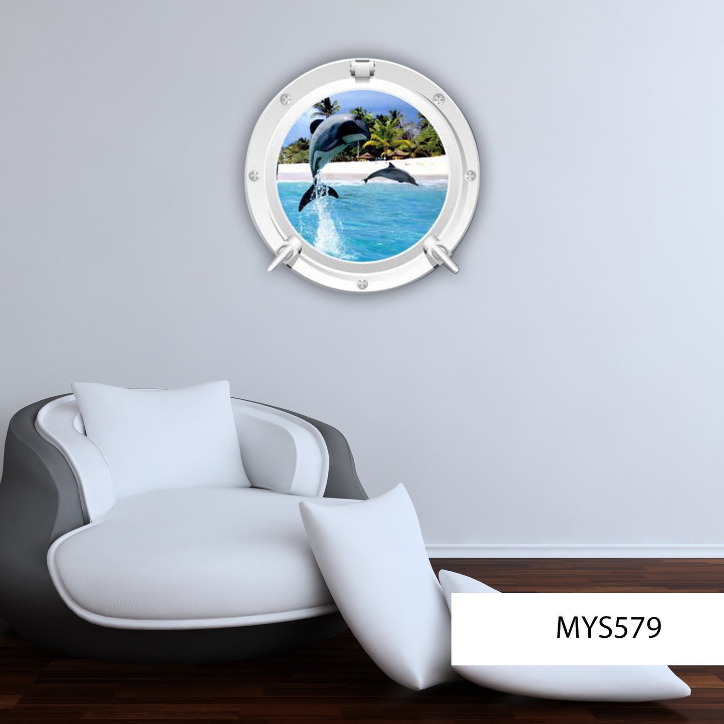 Dolphin Porthole Wall Decal, Beach 3D Window Sticker, Kids Room Decor, Removable Peel and Stick Wall Art, Printed Underwater Mural