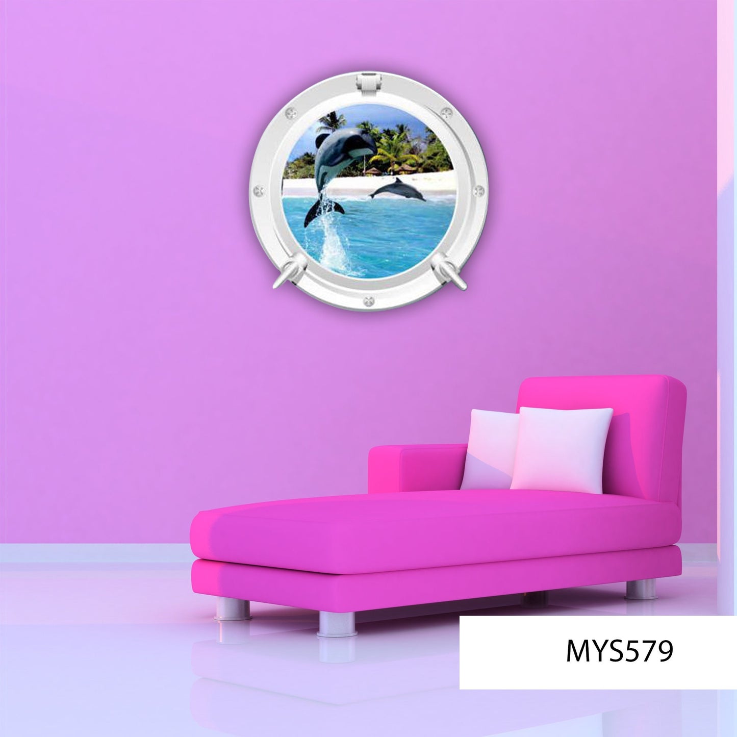 Dolphin Porthole Wall Decal, Beach 3D Window Sticker, Kids Room Decor, Removable Peel and Stick Wall Art, Printed Underwater Mural