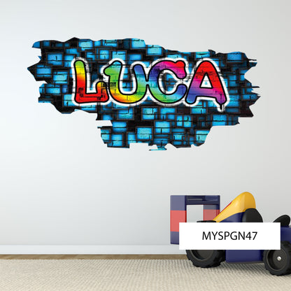 Graffiti Name Wall Decal, Colorful Brick Wall Background, Personalized Kids Rooms Decor - Hip Hop Vinyl Sticker, Street Art Design