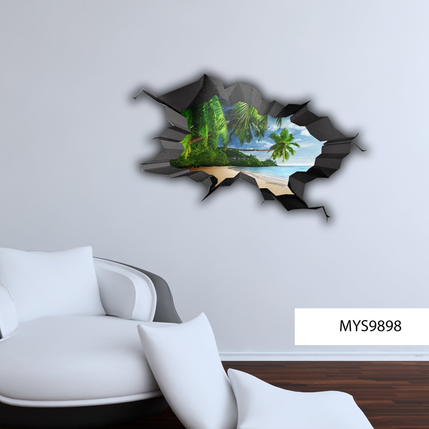 TROPICAL WALL DECAL, 3d Beach View Mural, Beach Room Décor, Palm Tree Decal, 3d Ocean Murals, Broken Wall Decals