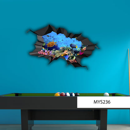 Coral Reef Life 3D Wall Decal, Ocean Deep Sea Fish Wall Sticker, Breakthrough Wall Graphic, Turtle Room Decor, Shark Wall Art, Vinyl Mural