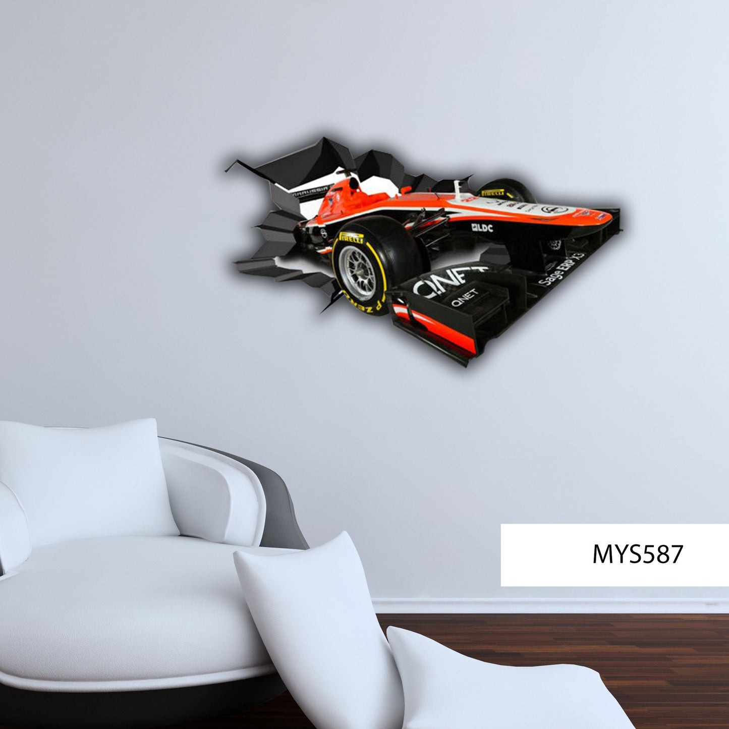 RACING CAR DECAL, 3D Wall Stickers, Cracked Wall Decal, Playroom Wall Décor, Vinyl Wall Mural, F1 Racing Car