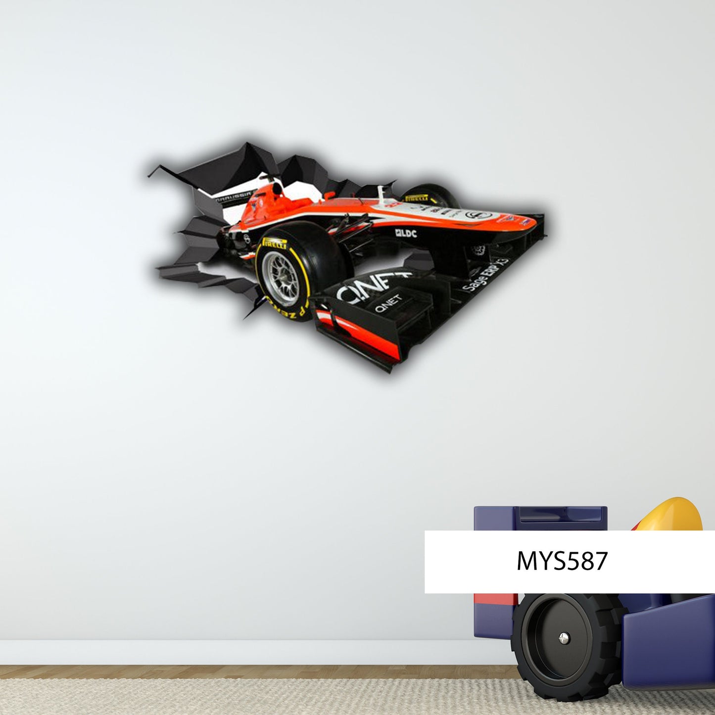 RACING CAR DECAL, 3D Wall Stickers, Cracked Wall Decal, Playroom Wall Décor, Vinyl Wall Mural, F1 Racing Car