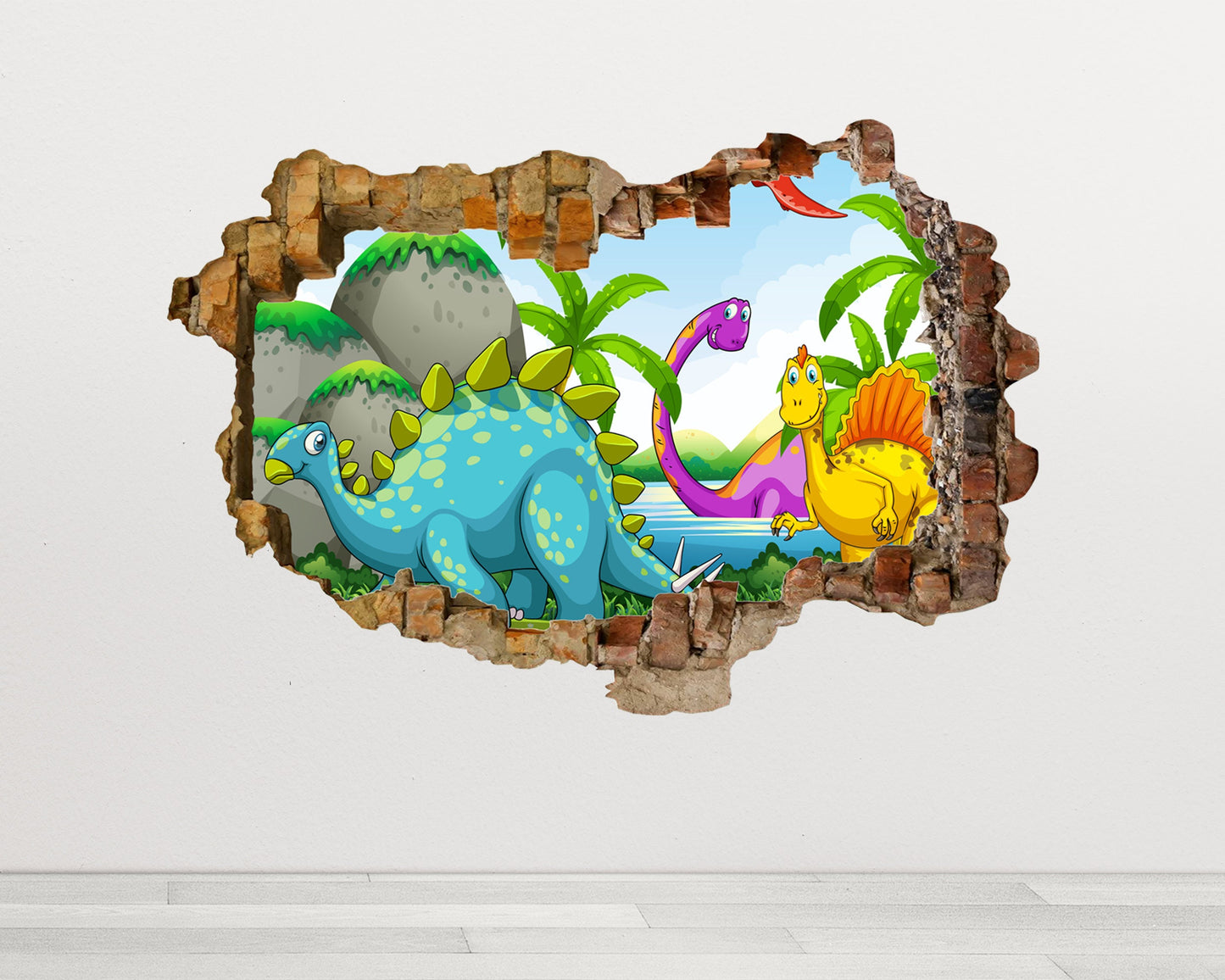 Dinosaur Land 3D Wall Decal, Cracked Wall Sticker, Removable Peel and Stick Vinly Sticker, Art Decor, Jurassic Park Wall Mural