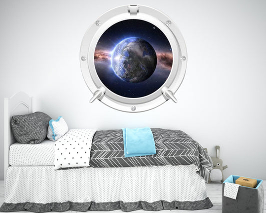 Earth View Porthole Decal: Cosmic Wall Art, Space-Themed Room Decor, Realistic Planet Sticker, Unique Vinyl Design for Home & Office