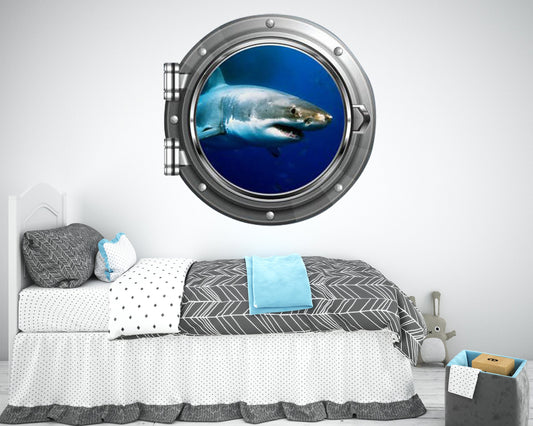 Large Great White Shark Wall Sticker, Ocean Mural Decal, Marine Decor, Deep Sea Shark Designs, Kids Room Wall Decal, Shark Porthole Art