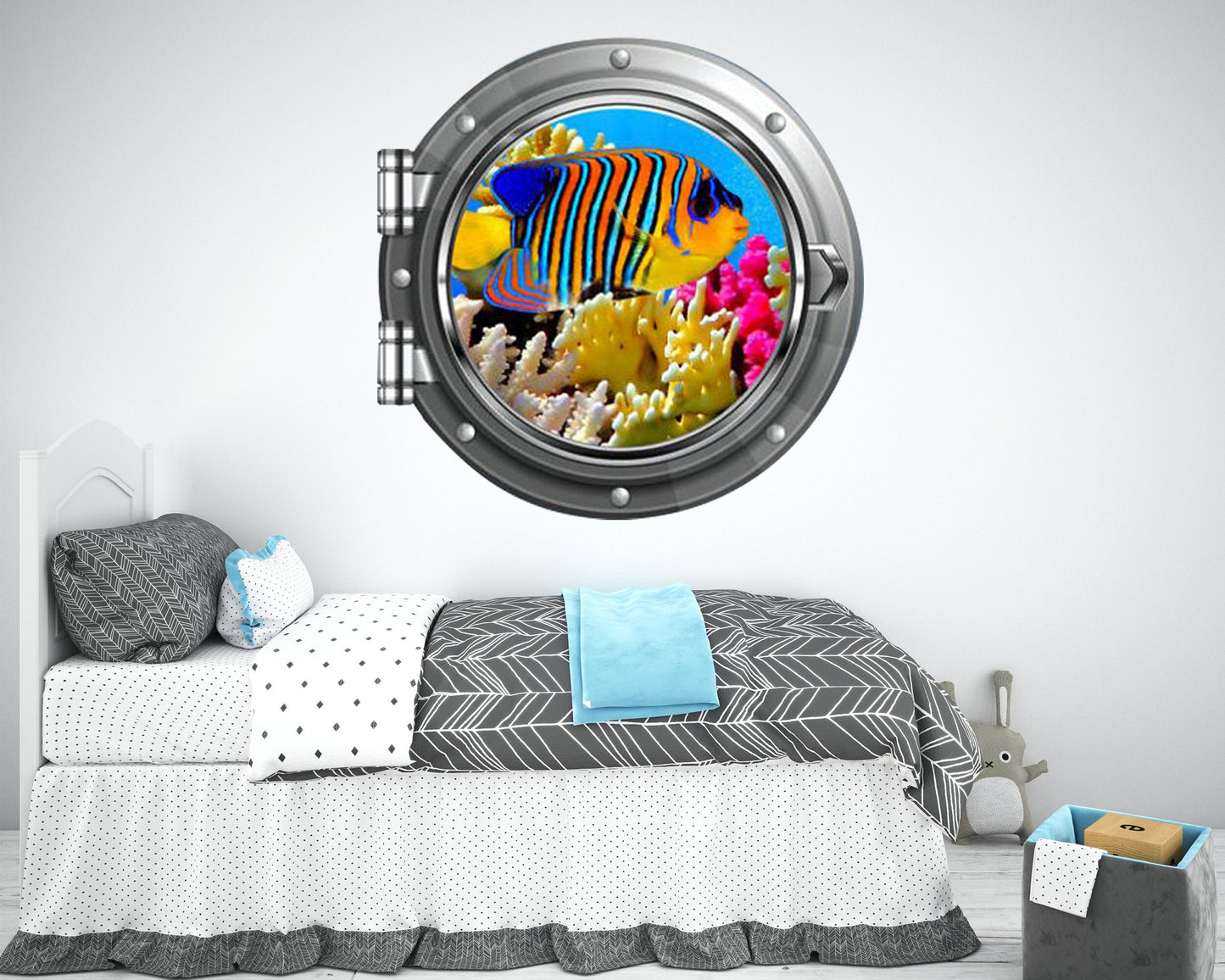 Tropical Fish Porthole Wall Decal - Ocean Aquarium 3D Window Sticker - Kids Room Decor - Removable Underwater Art - Reef Fish Mural