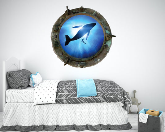 Whale Porthole Wall Decal - Ocean Window Sticker - Kids Room Decor - Removable Underwater Art - Peel and Stick Mural