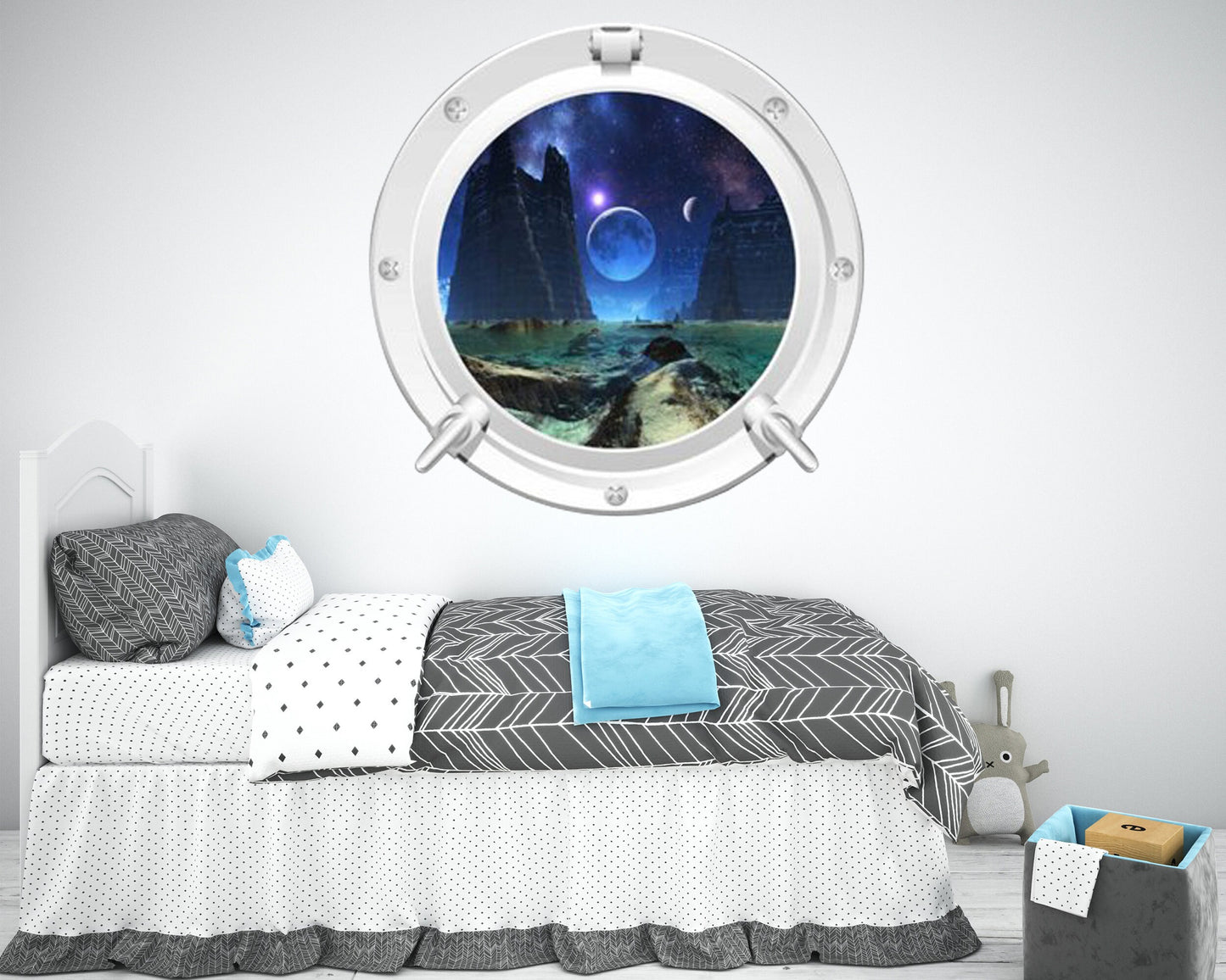 SPACE WALL STICKER, Porthole Wall Mural, Galaxy Vinyl Sticker, Earth Porthole Decal, Moon Wall Sticker, Space Room Decor