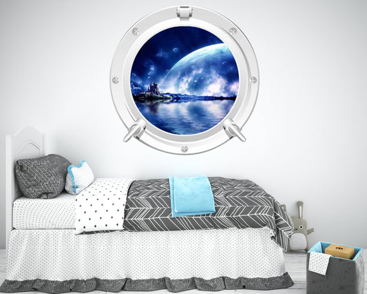 PORTHOLE WALL DECAL, Earth Wall Sticker, Window Wall Decal, Moon Wall Décor, Space Portal Decal, Space Galaxy Mural