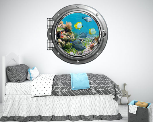 Coral Reef Fish Porthole Wall Decal - 3D Ocean Window Sticker - Kids Room Decor - Underwater Fish Art - Peel and Stick Mural for Bedrooms