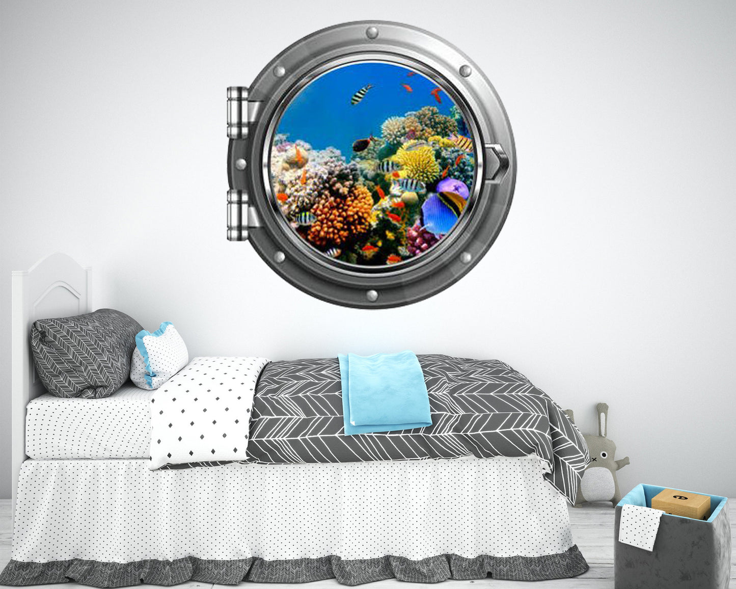 Underwater Porthole Wall Decal, Fish 3D Window Sticker, Kids Room Decor, Removable Peel and Stick Wall Art, Printed Coral Reef Mural