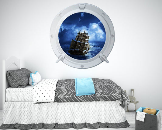 Pirate Ship Wall Decal - Nautical Kids Room Decor - Pirate-Themed Porthole Decoration for Playroom or Bedroom, Ocean Sticker, Pirate Art