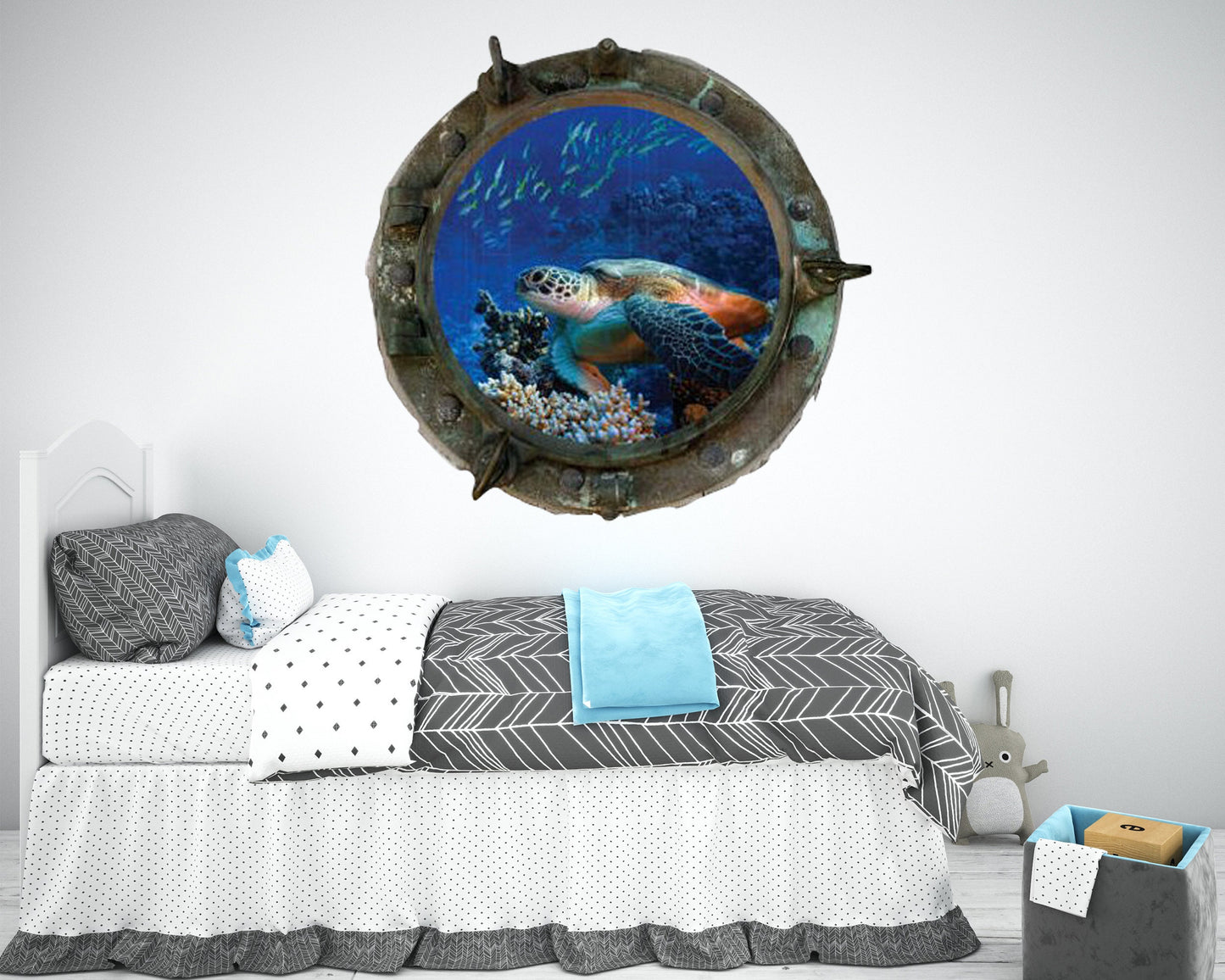 Turtle Porthole Wall Decal - Ocean Window Sticker - Kids Room Decor - Removable Underwater Art - Peel and Stick Mural