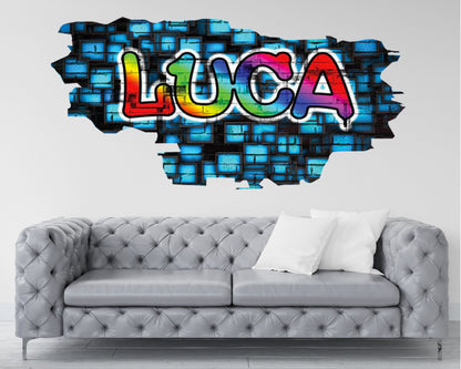 Graffiti Name Wall Decal, Colorful Brick Wall Background, Personalized Kids Rooms Decor - Hip Hop Vinyl Sticker, Street Art Design
