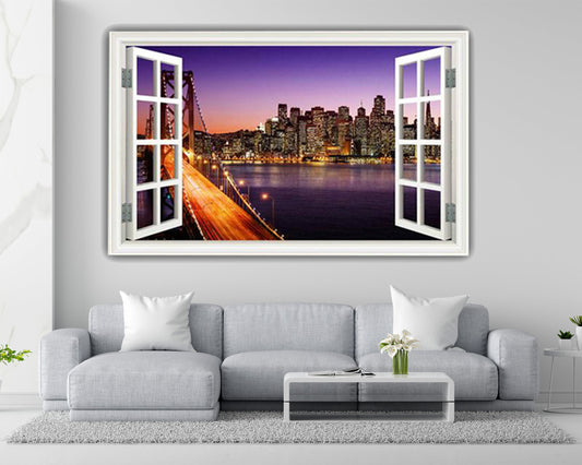 New York Window Wall Decal, Skyline Wall Sticker, City Wall Mural, Sunset Window Decal, 3D Window Wall Decal, Window Frame Sticker