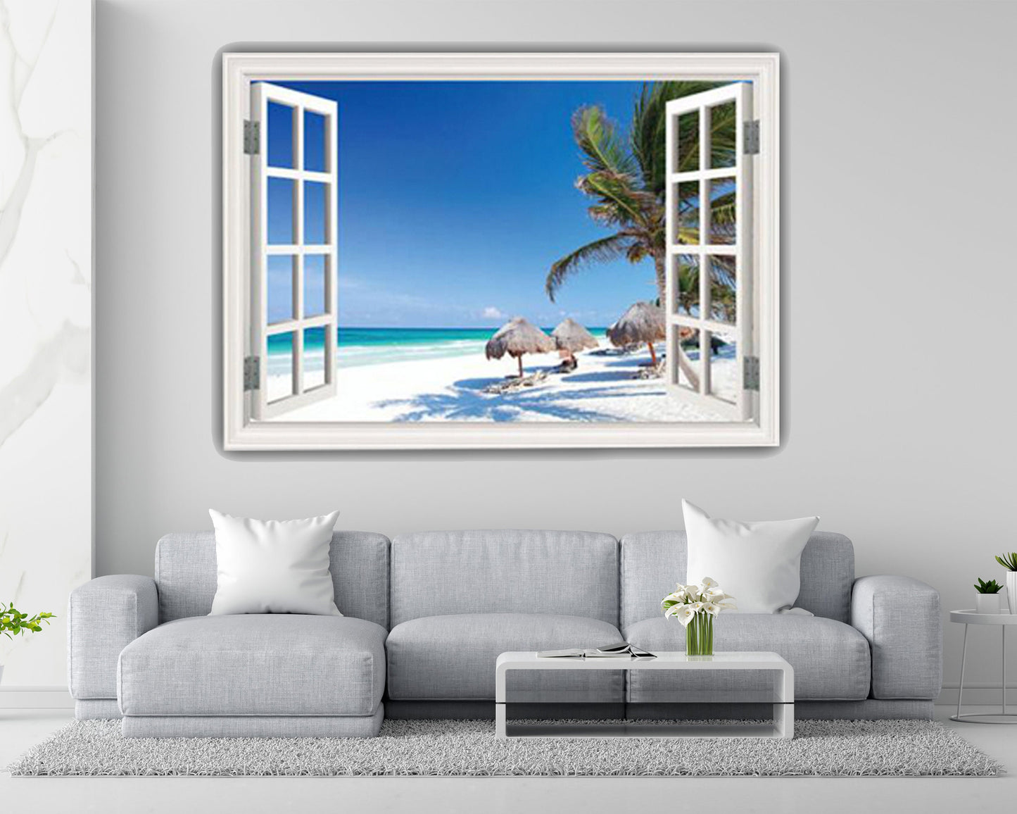 Beach Wall Decor, Ocean Window Frame Wall Decal, 3D Window Wall Art, Beach Scene Sticker, Palm Trees Wall Decor, Seascape Beach Mural