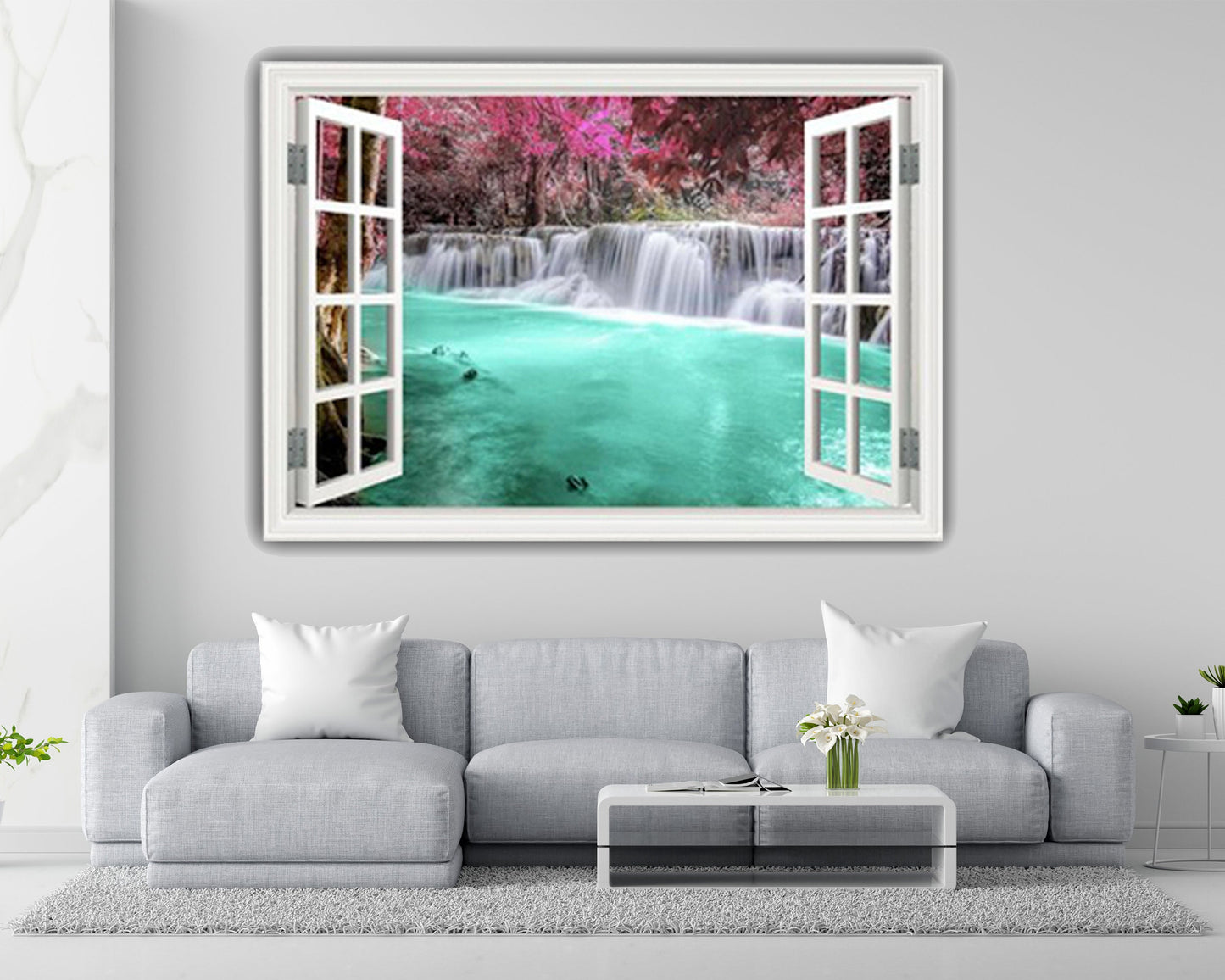 Tranquil Blue Lagoon Waterfall Window Frame Wall Art Sticker Decal - 3D Wall Mural - Nature-Inspired Home Decor - Vinyl Wall Cover