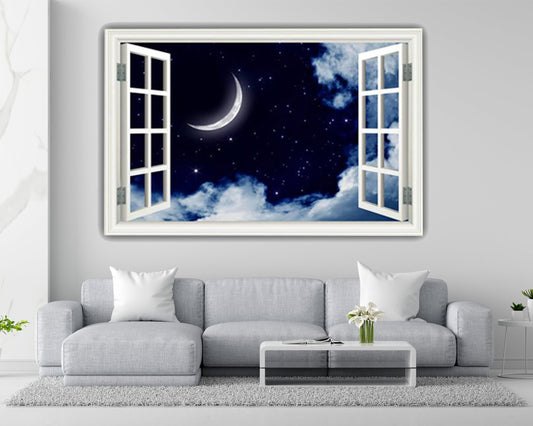 Night Sky Wall Decal - Stars and Crescent Moon Window Frame Mural - Peaceful Wall Art Sticker - Celestial Home Decor for Cosmic Ambiance