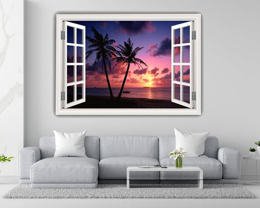 Sunset Beach Wall Decal, Ocean Window Frame Mural, Palmtree and Beach Wall Sticker, Nature Inspired Room Decor, Easy-to-Remove Wall Decal