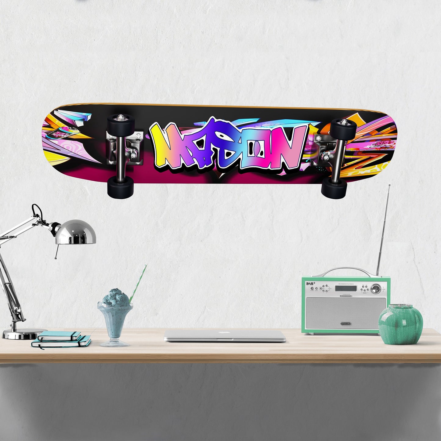 Custom Skateboard Wall Art - Personalized Skater Name Decal for Kids, Skateboard Deck Graffiti, Vinyl Wall Mural, Longboard Room Decor