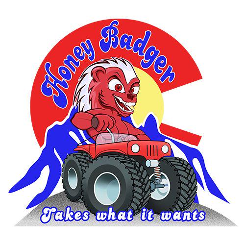 Playful Honey Badger Driving a Red 4x4 & Colorado Rockies Fun Cartoon Sticker, Weather-Resistant Adventure Decor