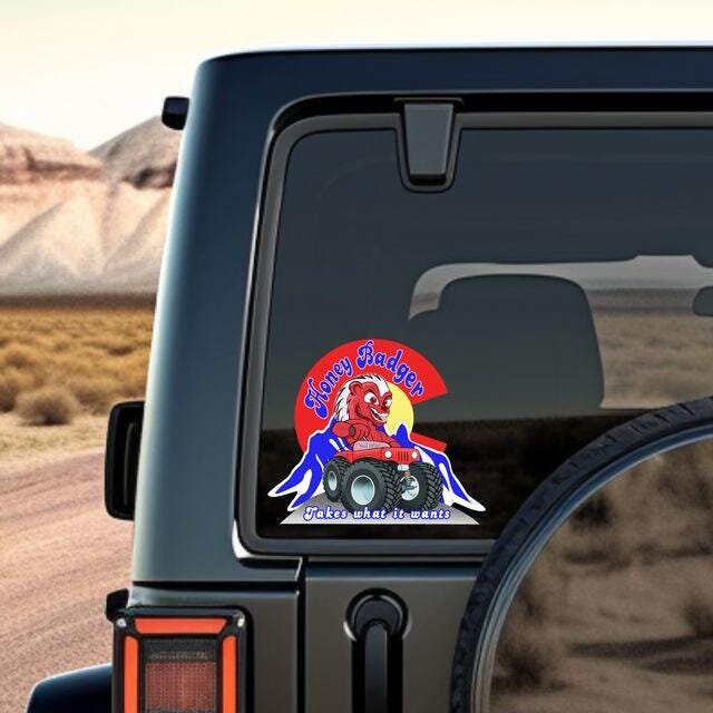 Playful Honey Badger Driving a Red 4x4 & Colorado Rockies Fun Cartoon Sticker, Weather-Resistant Adventure Decor